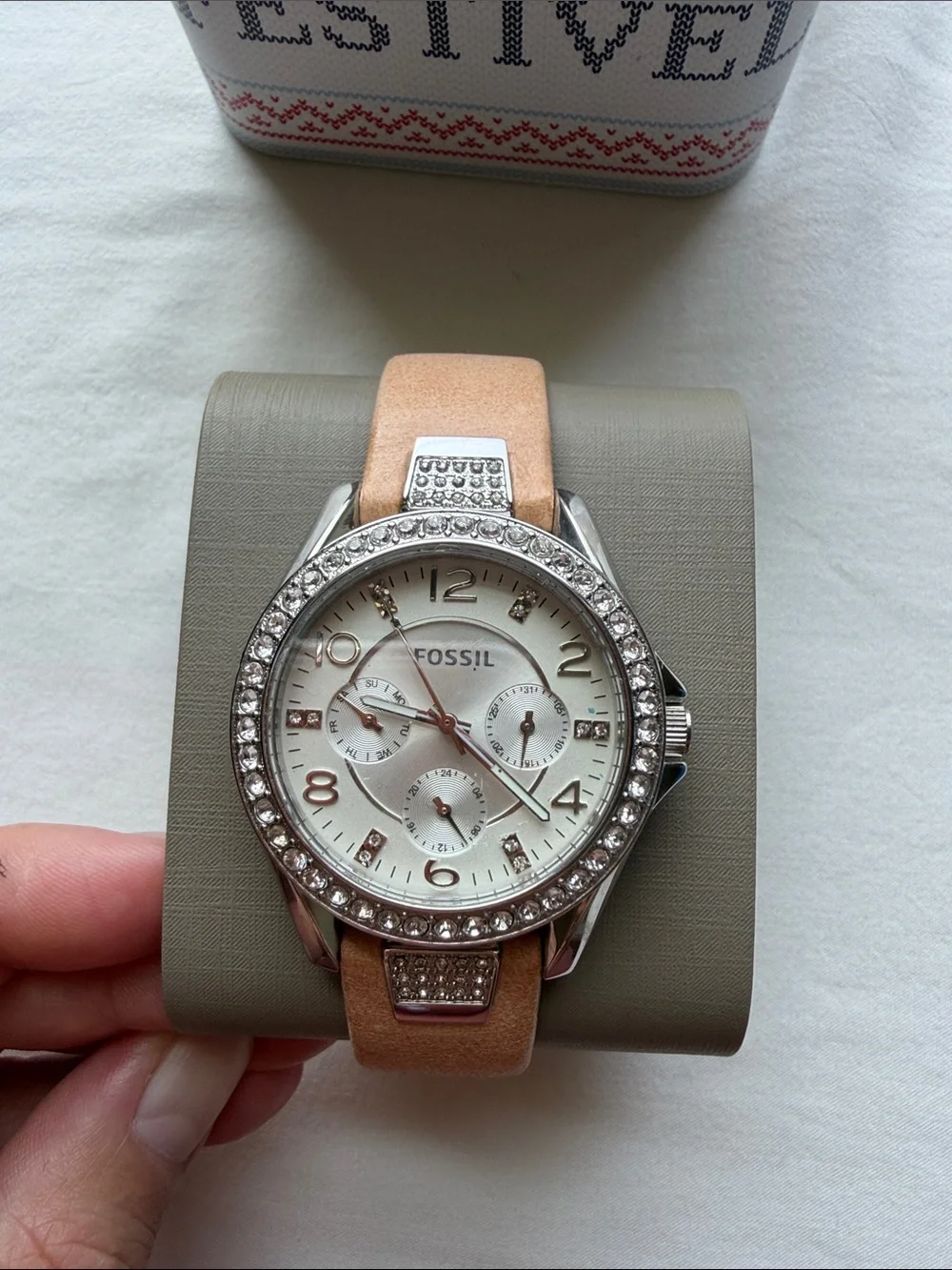 Fossil Women's Rose-Beige Leather Strap Crystal Bezel Watch